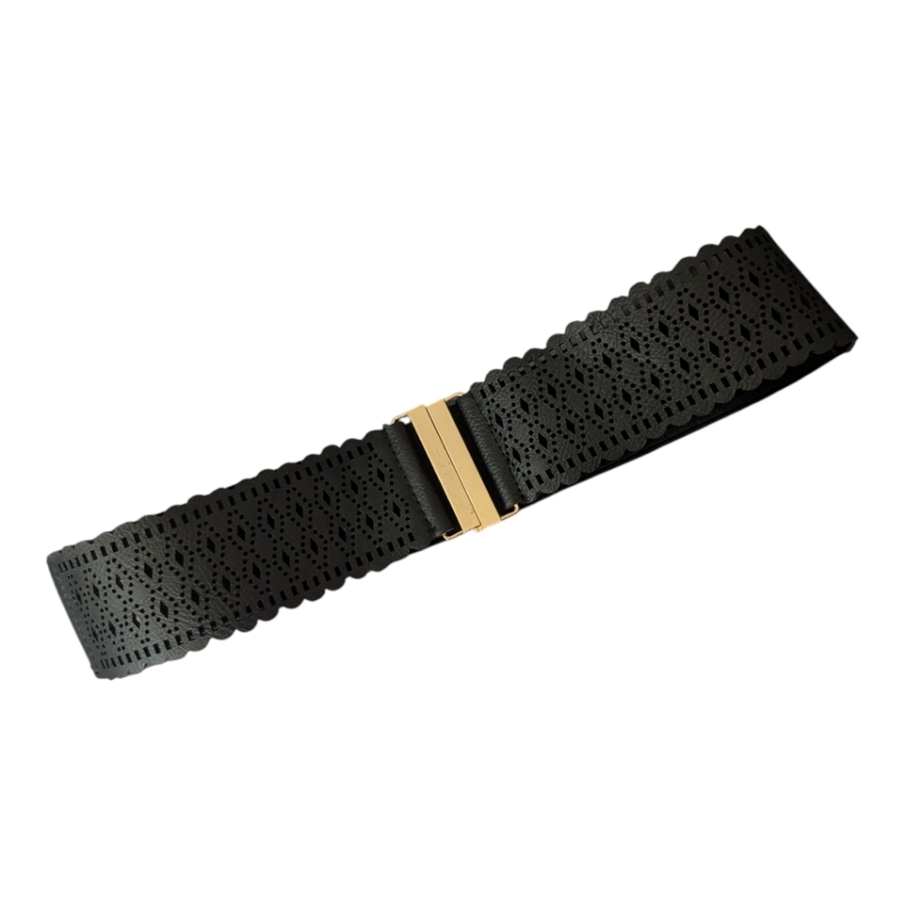 Black Perforated Faux Leather & Elastic Back W Gold Tone Slide Buckle Women's SM